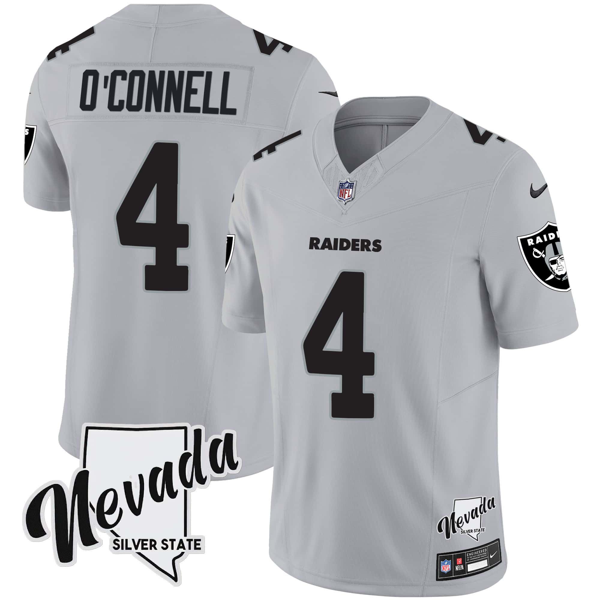 Men Oakland Raiders #4 OConnell Grey 2024 Nike Nevada Silver State Patch Vapor NFL Jersey